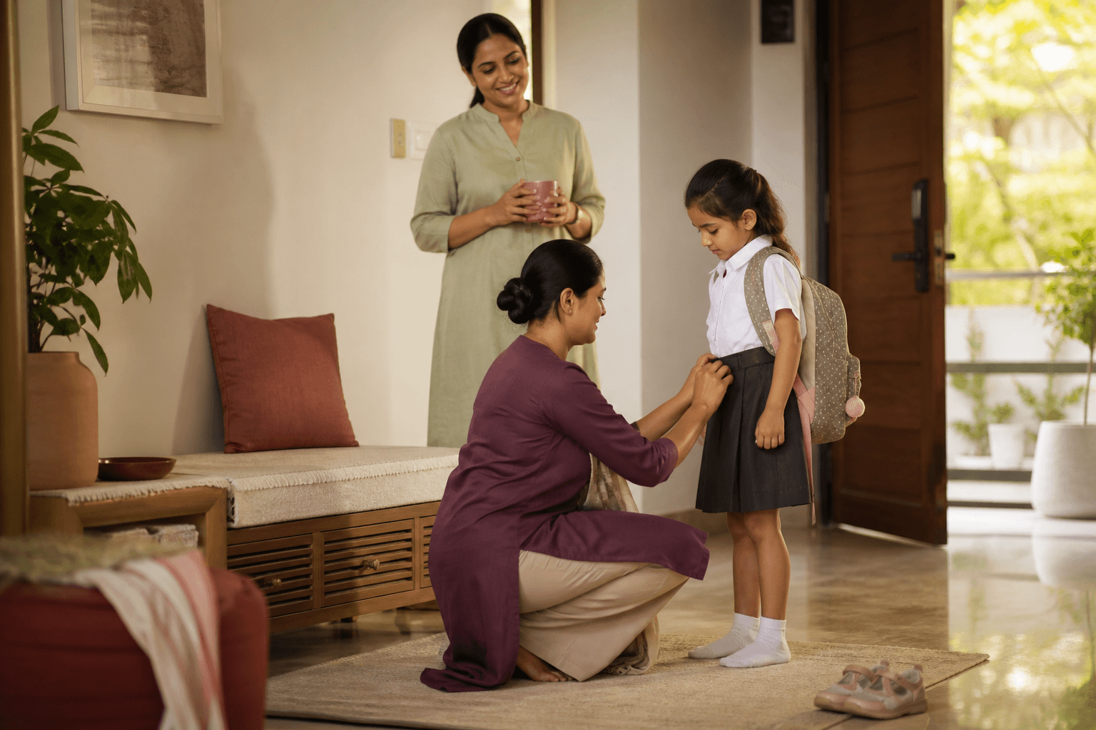 A trusted nanny helping a child get ready for school while her mother looks on
