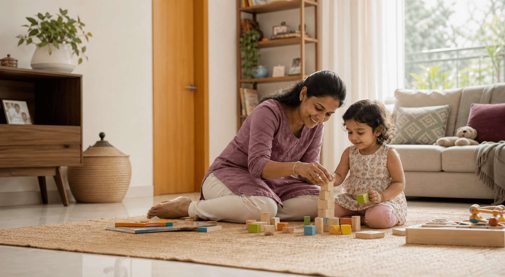 A caregiver building wooden blocks with a toddler at home
