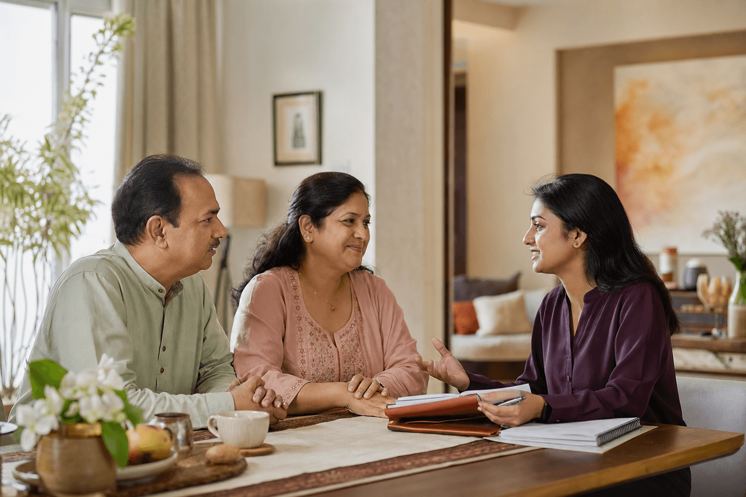 A care coordinator discussing a family's care needs with parents at home